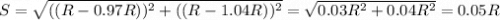 S = \sqrt{((R-0.97R))^{2} +((R-1.04R))^{2}} = \sqrt{0.03R^{2} + 0.04R^{2} } = 0.05R