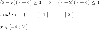 (2-x)(x+4)\geq 0\ \ \Rightarrow \ \ \ (x-2)(x+4)\leq 0\\\\znaki:\ \ \ +++[-4\ ]---[\ 2\ ]+++\\\\x\in [-4\, ;\ 2\ ]