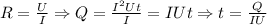 R=\frac{U}{I}\Rightarrow Q=\frac{I^2Ut}{I} =IUt\Rightarrow t=\frac{Q}{IU}