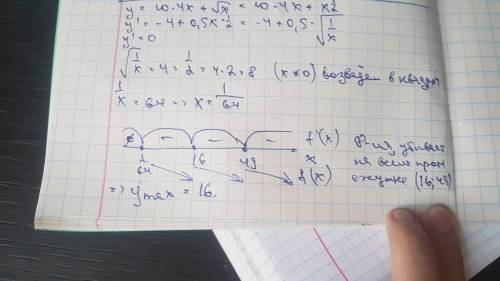 Найдите наибольшее значение функции у =10 − 4х + √хна отрезке(16;49)