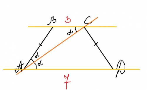 основи рівнобічнои трапеції дорівнюють 3см і 7 см а діагональ ділить тупій кут трапеціі навпіл найді