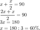 x+\dfrac{x}{2}=90\\\dfrac{2x+x}{2}=90\\3x=180\\x=180:3=60\%.