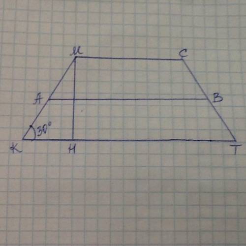 У рівнобічній трапеції кути при основі дорівнюють 30°,а висота - 5 см,обчислити периметр трапеції,як