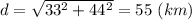 d = \sqrt{33^2+ 44^2 } = 55 ~(km)