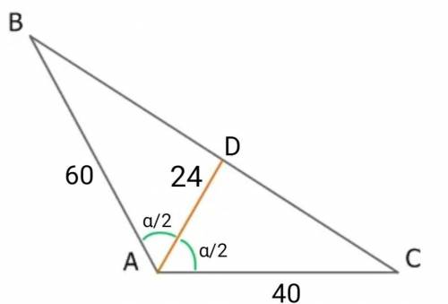 Две стороны и биссектриса между ними треугольника соответственно равны 60; 40 и 24. Найдите площадь