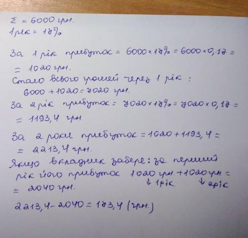 У банк поклали 6000 грн під 17% річних.Яка сума буде на рахунку через рік?Якою сума стане через два