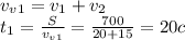 v_v_1=v_1+v_2\\t_1=\frac{S}{v_v_1}=\frac{700}{20+15}= 20 c\\