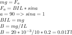 mg=F_a\\F_a=BIL*sina\\a=90 = sina=1\\BIL=mg\\B=mg/IL\\B=20*10^{-3}/10*0.2=0.01 Tl