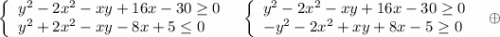 \left\{\begin{array}{l}y^2-2x^2-xy+16x-30\geq 0\\y^2+2x^2-xy-8x+5\leq 0\end{array}\right\ \ \left\{\begin{array}{l}y^2-2x^2-xy+16x-30\geq 0\\-y^2-2x^2+xy+8x-5\geq 0\end{array}\right\ \ \oplus