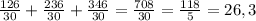 \frac{126}{30} + \frac{236}{30} + \frac{346}{30}=\frac{708}{30} =\frac{118}{5}=26,3