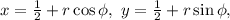 x=\frac{1}{2}+r\cos \phi,\ y=\frac{1}{2}+r\sin \phi,