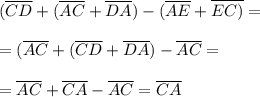 (\overline{CD}+(\overline{AC} + \overline{DA}) - (\overline{AE}+\overline{EC)}=\\\\= (\overline{AC}+(\overline{CD} + \overline{DA}) - \overline{AC} =\\ \\=\overline{AC} +\overline{CA} -\overline{AC} = \overline{CA}