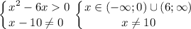 \displaystyle \left \{ {{x^2-6x0} \atop {x-10\neq 0\hfill}} \right. \left \{ {{x\in (-\infty ;0)\cup (6;\infty)} \atop {x\neq 10}} \right.