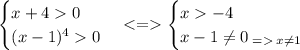 \begin{cases} x+40\\({x} - 1)^40 \end{cases} < = \begin{cases} x - 4\\{x} - 1 \neq0 \: _{ = \: x \neq1} \end{cases}