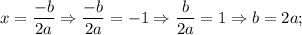 x=\dfrac{-b}{2a} \Rightarrow \dfrac{-b}{2a}=-1 \Rightarrow \dfrac{b}{2a}=1 \Rightarrow b=2a;