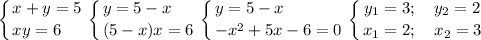 \displaystyle \left \{ {{x+y=5} \atop {xy=6 \hfill}} \right. \left \{ {{y=5-x\hfill} \atop {(5-x)x=6}} \right. \left \{ {{y=5-x\hfill} \atop {-x^2+5x-6=0}} \right. \left \{ {{y_1=3;\quad y_2=2} \atop {x_1=2;\quad x_2=3}} \right.