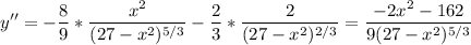 \displaystyle y''=-\frac{8}{9} *\frac{x^2}{(27-x^2)^{5/3}}-\frac{2}{3} *\frac{2}{(27-x^2)^{2/3}}=\frac{-2x^2-162}{9(27-x^2)^{5/3}}