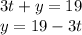 3t + y = 19 \\ y = 19 - 3t