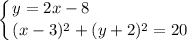 \displaystyle \left \{ {{y=2x-8\hfill} \atop {(x-3)^2+(y+2)^2=20}} \right.