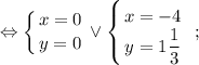 \displaystyle \Leftrightarrow \left \{ {{x=0} \atop {y=0}} \right. \vee \left \{ {{x=-4} \atop {y=1\dfrac{1}{3}}} \right. \ ;