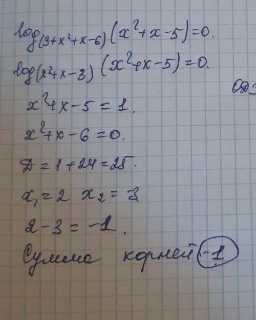 Log(x^2+x-5)по остноваию3+x^2+х-6=0 найти сумму квадратов корней уравнения