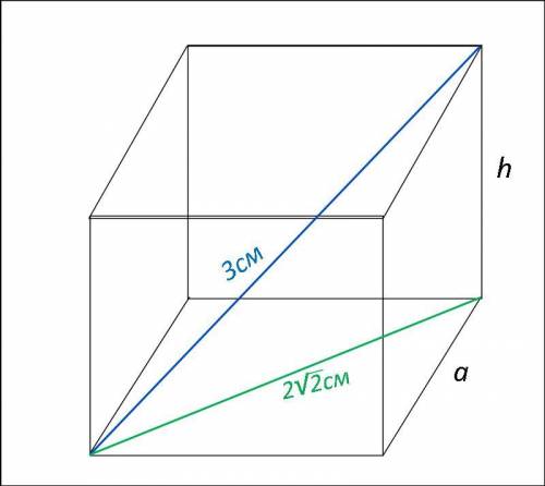 Діагональ основи правильної чотирикутної призми дорівнює 2√2 см, а діагональ призми дорівнює 3 см. З