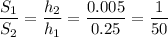 \dfrac{S_1}{S_2} = \dfrac{h_2}{h_1} =\dfrac{0.005}{0.25} = \dfrac{1}{50}