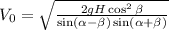 V_{0} =\sqrt{\frac{ 2gH \cos^{2}\beta }{\sin(\alpha - \beta) \sin(\alpha + \beta) }}}