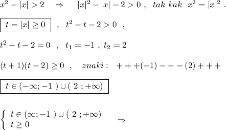 x^2-|x|2\ \ \ \Rightarrow \ \ \ \ |x|^2-|x|-20\ ,\ \ tak\ kak\ \ x^2=|x|^2\ .\\\\\boxed{\ t=|x|\geq 0\ }\ \ ,\ \ t^2-t-20\ \ ,\\\\t^2-t-2=0\ \ ,\ \ t_1=-1\ ,\ t_2=2\\\\(t+1)(t-2)\geq 0\ \ ,\ \ \ znaki:\ \ +++(-1)---(2)+++\\\\\boxed{\ t\in (-\infty ;-1\ )\cup (\ 2\ ;+\infty )\ }\\\\\\\left\{\begin{array}{l}t\in (\infty ;-1\ )\cup (\ 2\ ;+\infty )\\t\geq 0\end{array}\right\ \ \ \Rightarrow