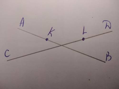 1. Начертите две пересекающиеся прямые AB и ср. Отметьте точку к, лежащую на прямой AB, и точку L, л