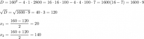 D=160^2-4\cdot1\cdot2800=16\cdot16\cdot100-4\cdot4\cdot100\cdot7=1600(16-7)=1600\cdot9\\ \\ \sqrt{D}=\sqrt{1600\cdot 9}=40\cdot3=120\\ \\ x_1=\dfrac{160-120}{2}=20\\ \\ x_2=\dfrac{160+120}{2}=140