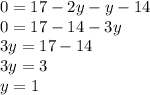 0 = 17 - 2y-y-14\\0=17-14-3y\\3y=17-14\\3y=3\\y=1