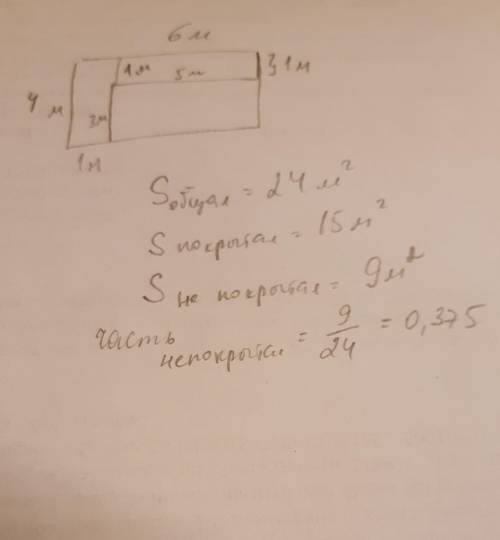 полковник длиной 6 м и шириной 4 м покрыли длиной 5 м ширина 3 м Какая часть пола осталось незакрыты