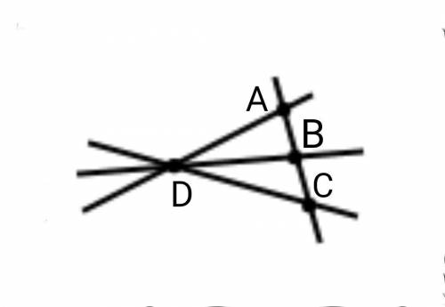 4. Точки А, В, С лежать на прямій, а точка D не лежить на ній. Через кожні дві точки провели пряму.