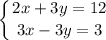 \displaystyle \left \{ {{2x+3y=12} \atop {3x-3y=3}} \right.