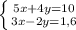 \left \{ {{5x+4y=10}\atop{3x-2y=1,6}} \right.