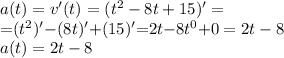 a(t) = v'(t) = ({t}^{2} - 8t + 15)' = \\ \small{=} ({t}^{2})' {-}( 8t)' {+} (15)' {= }2t {- }8t^{0} {+} 0 = 2t - 8 \\ a(t) = 2t - 8