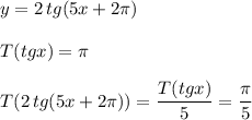 y=2\, tg(5x+2\pi )\\\\T(tgx)=\pi \\\\T(2\, tg(5x+2\pi ))=\dfrac{T(tgx)}{5}=\dfrac{\pi}{5}