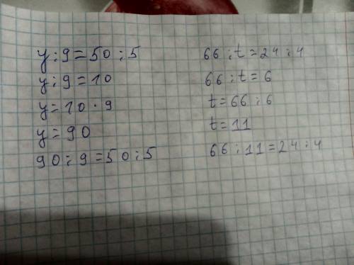 1 2) y : 9 = 50 : 5; 4) 66 : t = 24 : 4. покажите решение в тетради