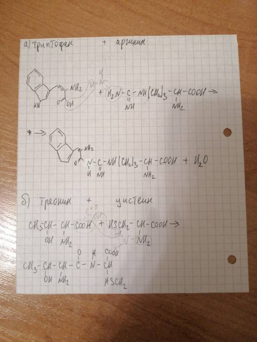 Напишите формулы дипептидов, и назовите их: а) триптофан+аргинин= б) треонин+ цистеин= в) тирозин +