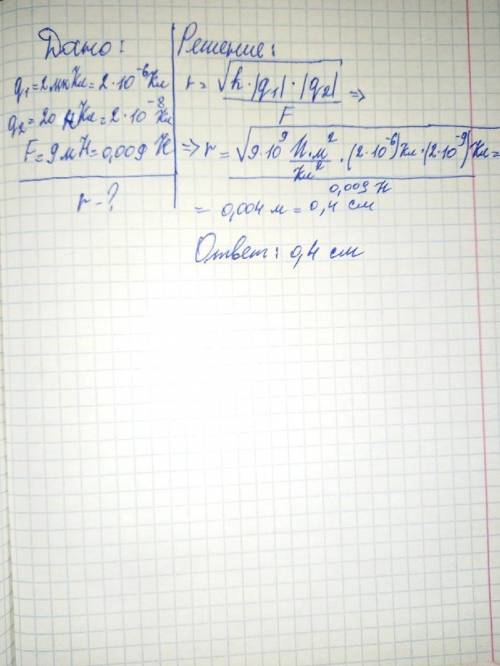Два точечных заряда 2мкКл и 20нКл отталкиваются с силой 9 мН. На каком расстоянии друг от друга нахо