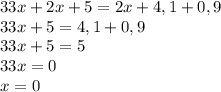 33x+2x+5=2x+4,1+0,9\\33x+5=4,1+0,9\\33x+5=5\\33x=0\\x=0