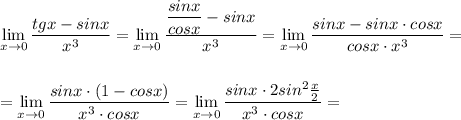 \lim\limits_{x \to 0}\dfrac{tgx-sinx}{x^3}=\lim\limits_{x \to 0}\dfrac{\dfrac{sinx}{cosx}-sinx}{x^3}=\lim\limits_{x \to 0}\dfrac{sinx-sinx\cdot cosx}{cosx\cdot x^3}=\\\\\\=\lim\limits_{x \to 0}\dfrac{sinx\cdot (1-cosx)}{x^3\cdot cosx}=\lim\limits_{x \to 0}\dfrac{sinx\cdot 2sin^2\frac{x}{2}}{x^3\cdot cosx}=