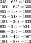 345 + 655 = 1000 \\ 1000 - 645 = 355 \\ 802 + 198 = 1000 \\ 782 + 218 = 1000 \\ 1000 - 367 = 633 \\ 933 - 399 = 534 \\ 666 + 334 = 1000 \\ 1000 - 443 = 567 \\ 1000 - 888 = 112