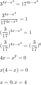 \displaystyle 3^{4x-x^2}=17^{4x-x^2}\\\\\frac{3^{4x-x^2}}{17^{4x-x^2}}=1\\\\(\frac{3}{17})^{4x-x^2}=1\\\\(\frac{3}{17})^{4x-x^2}=(\frac{3}{17})^0\\\\4x-x^2=0\\\\x(4-x)=0\\\\x=0; x=4