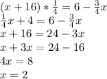 (x+16)*\frac{1}{4}=6-\frac{3}{4}x\\\frac{1}{4}x+4=6-\frac{3}{4}x\\x+16=24-3x\\x+3x=24-16\\4x=8\\x=2