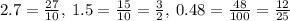 2.7 = \frac{27}{10} , \: 1.5 = \frac{15}{10} = \frac{3}{2} , \: 0.48 = \frac{48}{100} = \frac{12}{25}