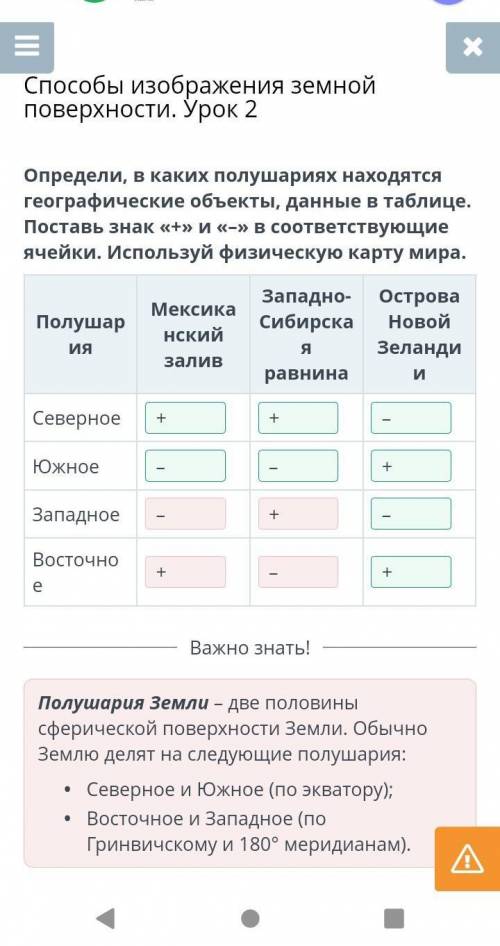 изображения земной поверхности. Урок 2 Определи в каких полушариях находятся географические объекты,