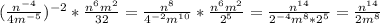 (\frac{n^{-4} }{4m^{-5} })^{-2}*\frac{n^{6} m^{2} }{32}=\frac{n^{8} }{4^{-2}m^{10} }*\frac{n^{6} m^{2}}{2^{5} }=\frac{n^{14} }{2^{-4}m^{8}*2^{5} }=\frac{n^{14} }{2m^{8} }