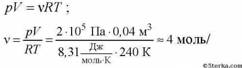 6. Вычислите количество вещества газа, находящегося в сосуде с объемом 40 л под давлением 200 кПа и